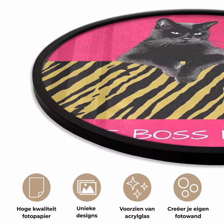Kat - Baas - Roze - Tijgerprint Fotolijst rond zonder passe partout klein -closeup_NL