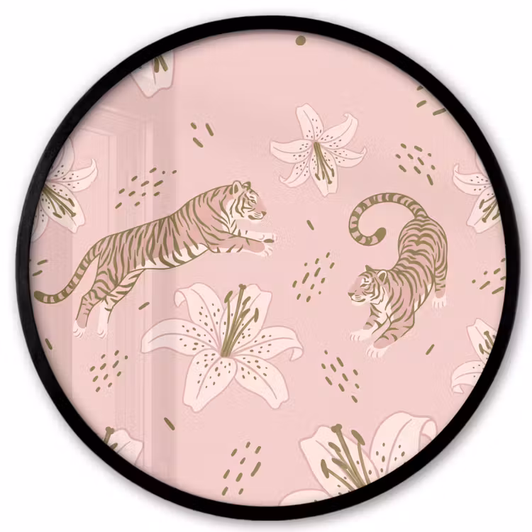 Kat - Springend - Bloemen - Abstract - Roze Fotolijst rond zonder passe partout klein -3d