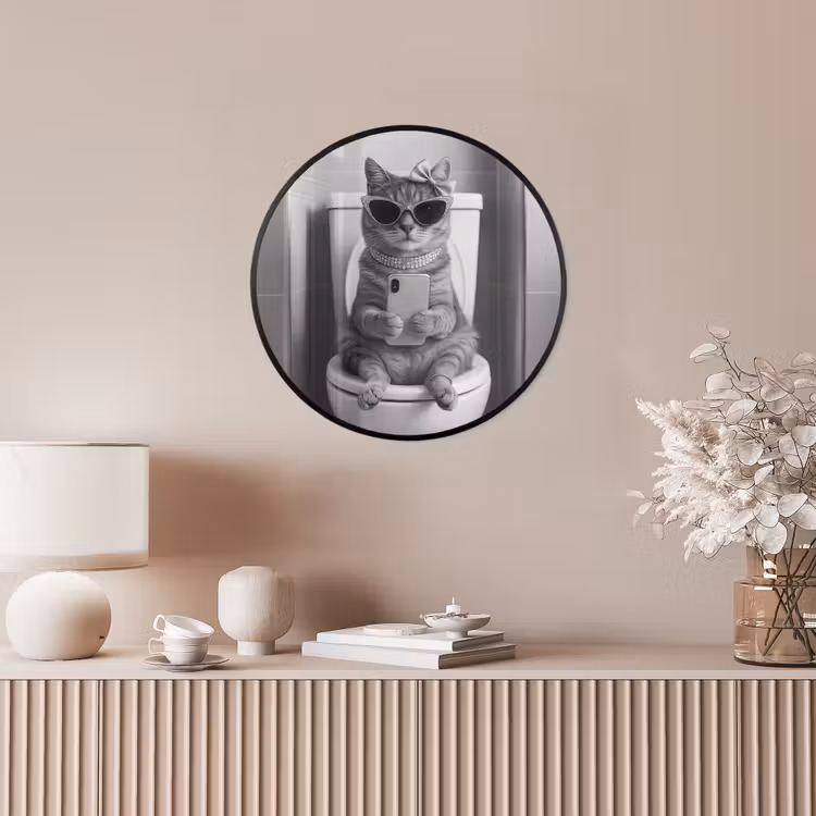 Kat - Telefoon - Toilet - Zwart - Wit Fotolijst rond zonder passe partout klein -sfeer3