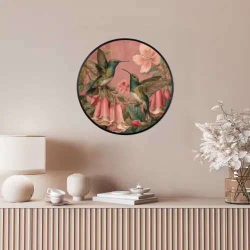 Kolibries - Bloemen - Groen - Roze Fotolijst rond zonder passe partout klein -sfeer3