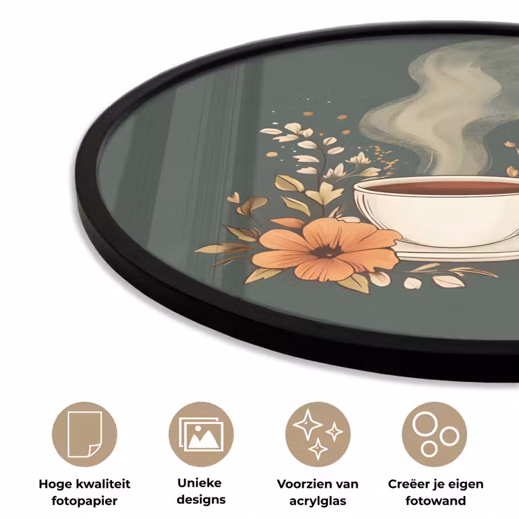 Kop - Bloemen - Groen - Koffie Fotolijst rond zonder passe partout klein -closeup_NL