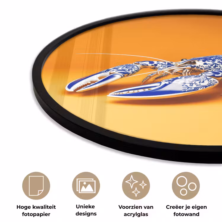 Kreeft - Delftsblauw - Schild - Stoer - Oranje Fotolijst rond zonder passe partout klein -closeup_NL