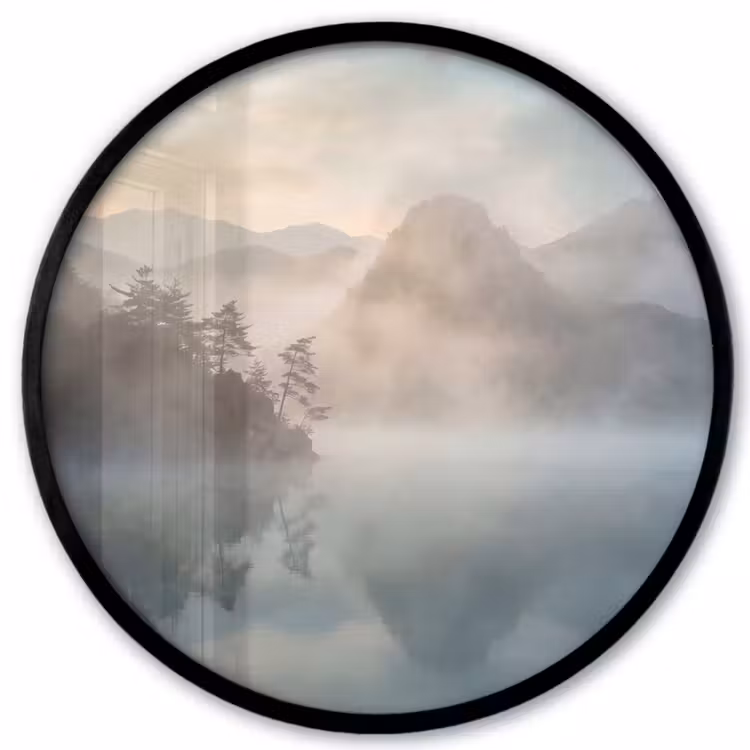 Landschap - Bergen - Mist - Water - Natuur Fotolijst rond zonder passe partout klein -3d