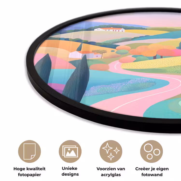 Landschap - Paars - Pastel - Huizen Fotolijst rond zonder passe partout klein -closeup_NL