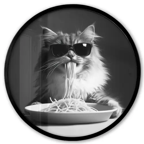 Langharige kat - Zonnebril - Spaghetti - Humor - Zwart - wit Fotolijst rond zonder passe partout klein -3d