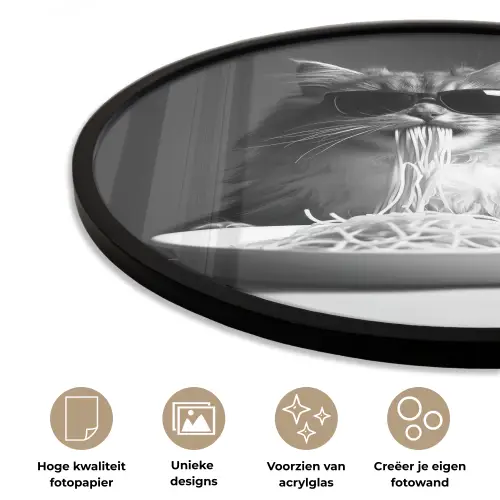 Langharige kat - Zonnebril - Spaghetti - Humor - Zwart - wit Fotolijst rond zonder passe partout klein -closeup_NL