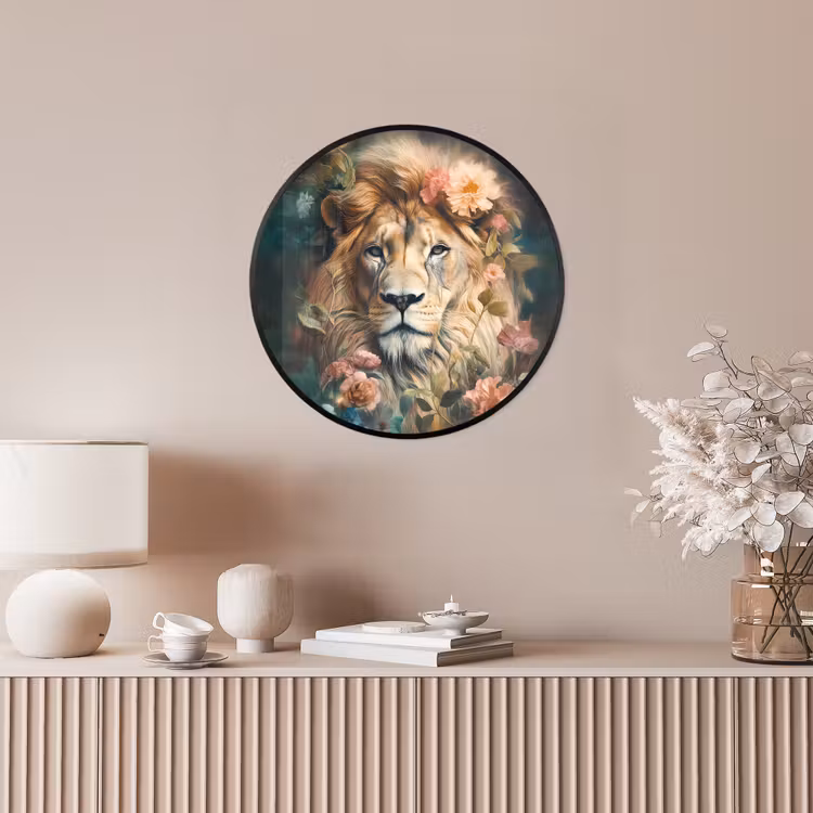 Leeuw - Leeuwenkop - Wilde dieren - Bloemen Fotolijst rond zonder passe partout klein -sfeer3