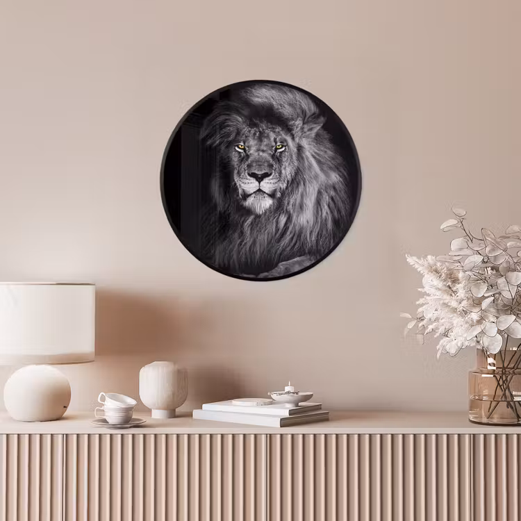 Leeuw - Ogen - Oranje - Zwart wit - Dieren - Portret Fotolijst rond zonder passe partout klein -sfeer3