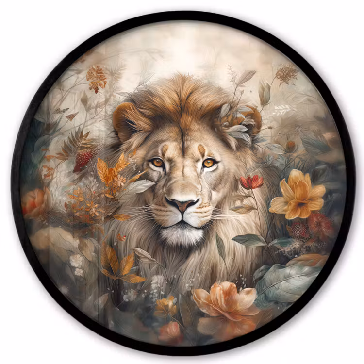 Leeuw - Wilde dieren - Planten - Natuur - Bloemen Fotolijst rond zonder passe partout klein -3d