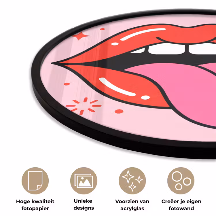 Lippen - Tong - Pop-art - Kleurrijk - Roze Fotolijst rond zonder passe partout klein -closeup_NL