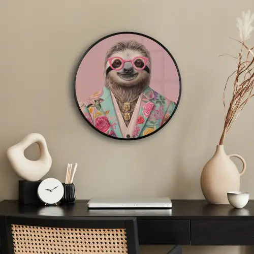 Luiaard - Bloemenprint - Bril - Roze Fotolijst rond zonder passe partout klein -sfeer1