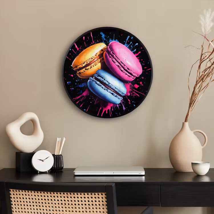 Macarons - Dessert - Graffiti - Kleurrijk - Roze - Blauw - Geel Fotolijst rond zonder passe partout klein -sfeer1