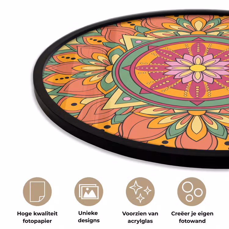 Mandala - Bloemen - Abstract - Kleurrijk Fotolijst rond zonder passe partout klein -closeup_NL