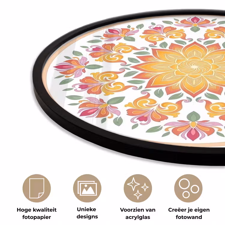 Mandala - Bloemen - Decoratie - Kleurrijk - Abstract Fotolijst rond zonder passe partout klein -closeup_NL