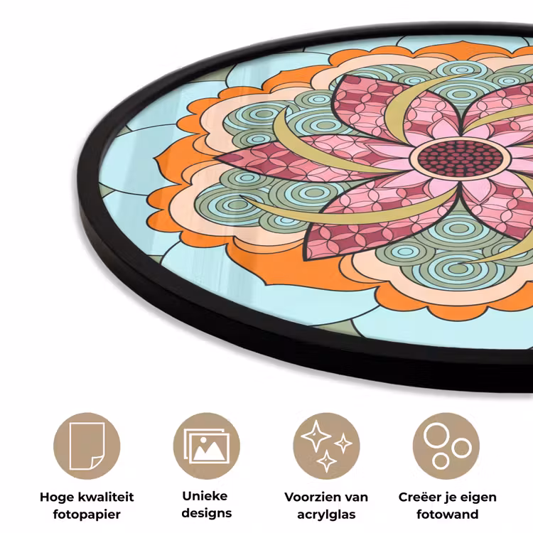 Mandala - Geometrisch - Kunst - Decoratief - Kleurrijk Fotolijst rond zonder passe partout klein -closeup_NL