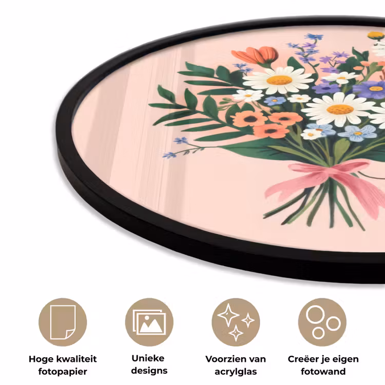 Margrieten - Boeket - Strikje - Roze Fotolijst rond zonder passe partout klein -closeup_NL