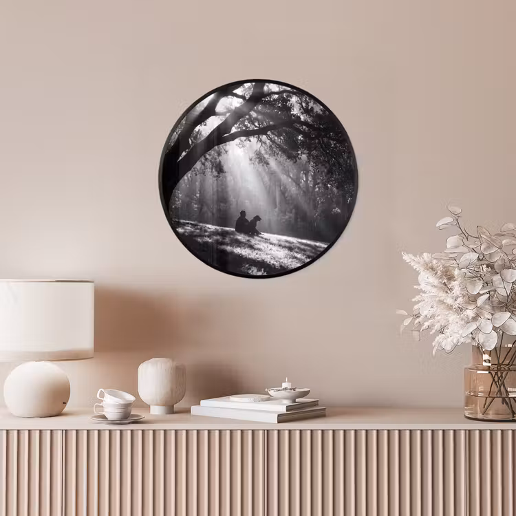 Mens - Hond - Natuur - Zwart-wit - Silhouet Fotolijst rond zonder passe partout klein -sfeer3