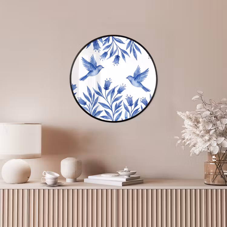 Modern - Vogels - Delfts - Blauw Fotolijst rond zonder passe partout klein -sfeer3
