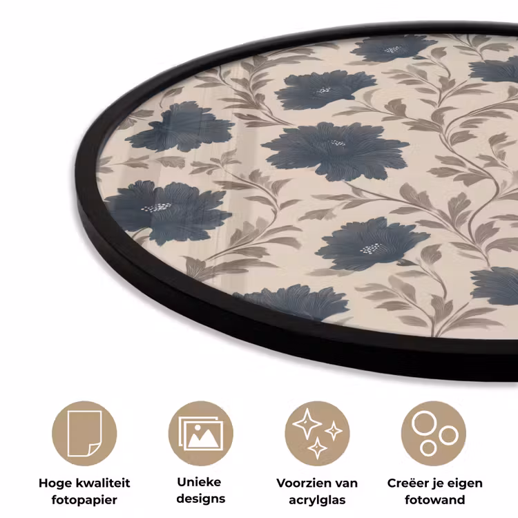 Motief - Bloemen - Zwart - Beige Fotolijst rond zonder passe partout klein 856 -closeup_NL