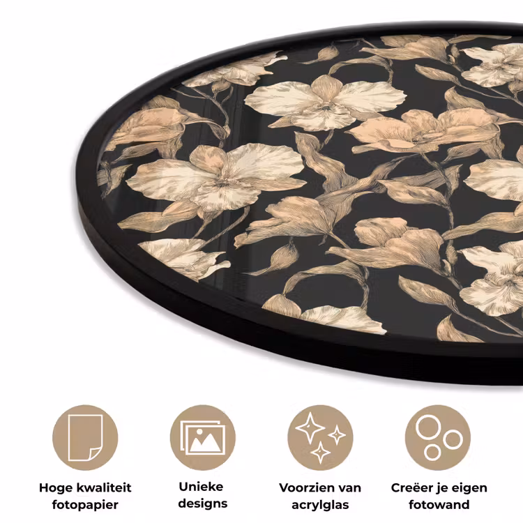 Orchideeën - Lijntekening - Patroon - Beige - Zwart Fotolijst rond zonder passe partout klein 856 -closeup_NL