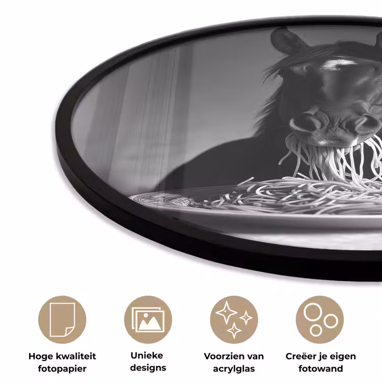 Paard - Bord - Pasta - Tafelkleed - Zwart Wit - Dieren Fotolijst rond zonder passe partout klein -closeup_NL