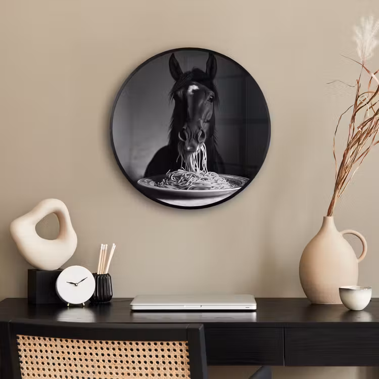 Paard - Bord - Pasta - Tafelkleed - Zwart Wit - Dieren Fotolijst rond zonder passe partout klein -sfeer1