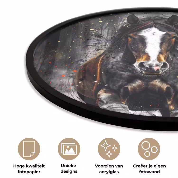 Paard - Dieren - Zwart - Luxe - Modern Fotolijst rond zonder passe partout klein -closeup_NL
