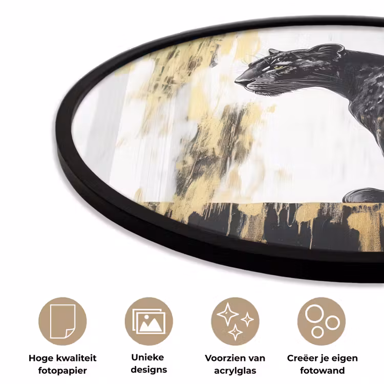 Panter - Zwart - Abstract - Goud Fotolijst rond zonder passe partout klein -closeup_NL
