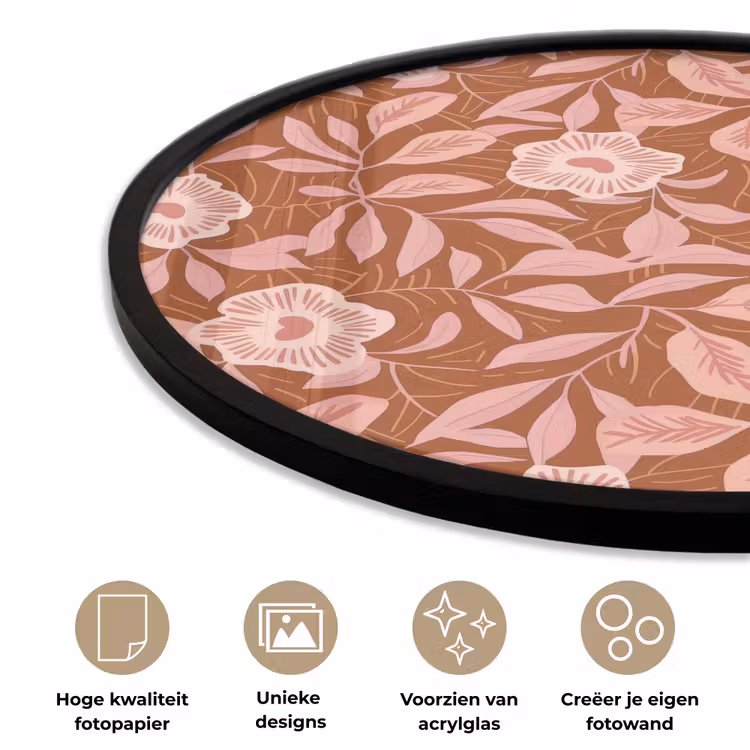 Patroon - Bladeren - Terracotta Fotolijst rond zonder passe partout klein 856 -closeup_NL