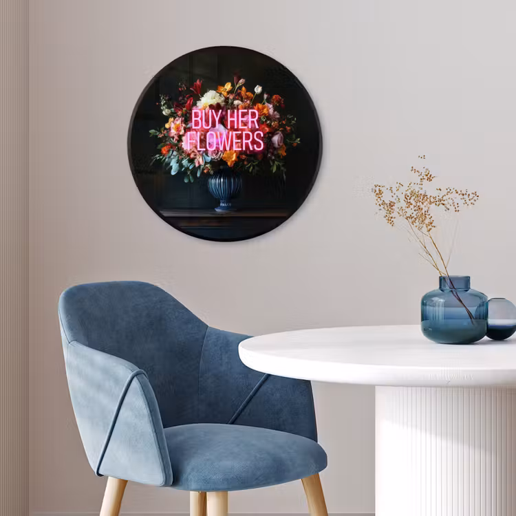 Quote - Bloemen - Vaas - Neon Fotolijst rond zonder passe partout klein -sfeer2