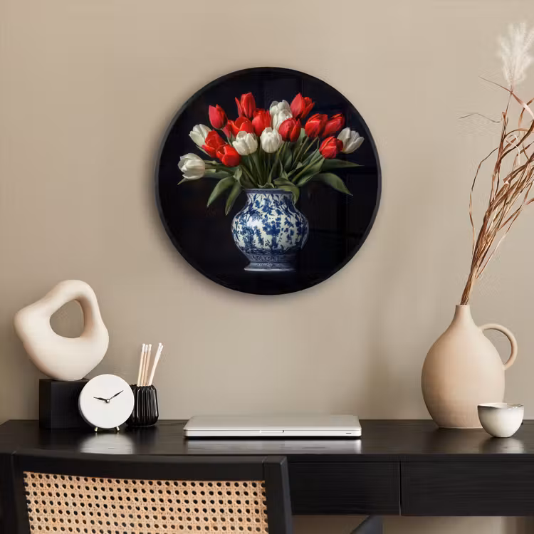 Rode - Bloemen - Tulpen - Vaas Fotolijst rond zonder passe partout klein -sfeer1