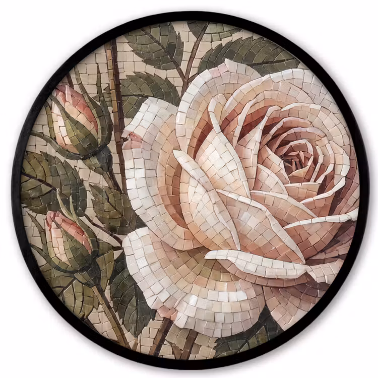 Roos - Mozaïek - Bloemen - Klassiek - Beige Fotolijst rond zonder passe partout klein -3d