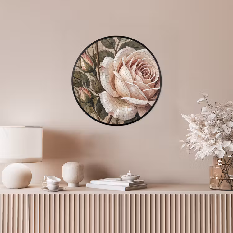 Roos - Mozaïek - Bloemen - Klassiek - Beige Fotolijst rond zonder passe partout klein -sfeer3