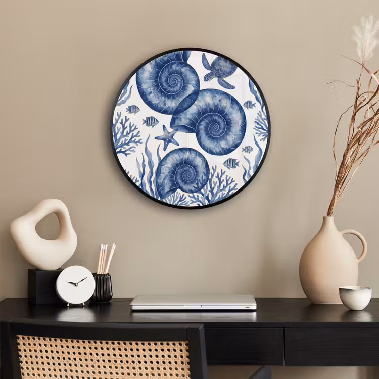 Schelp - Spiraal - Zeeleven - Aquarel - Blauw Fotolijst rond zonder passe partout klein -sfeer1