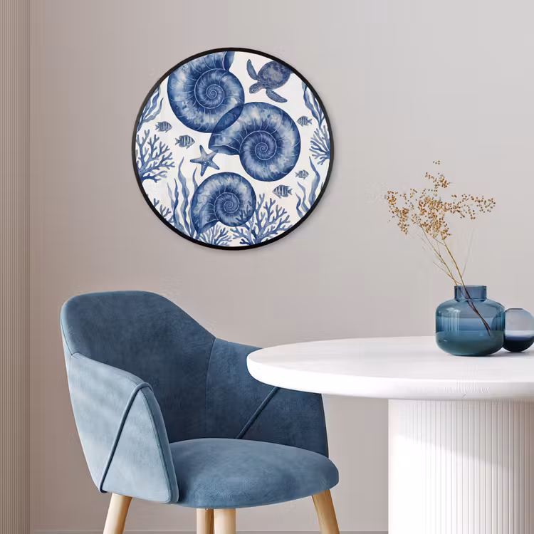 Schelp - Spiraal - Zeeleven - Aquarel - Blauw Fotolijst rond zonder passe partout klein -sfeer2