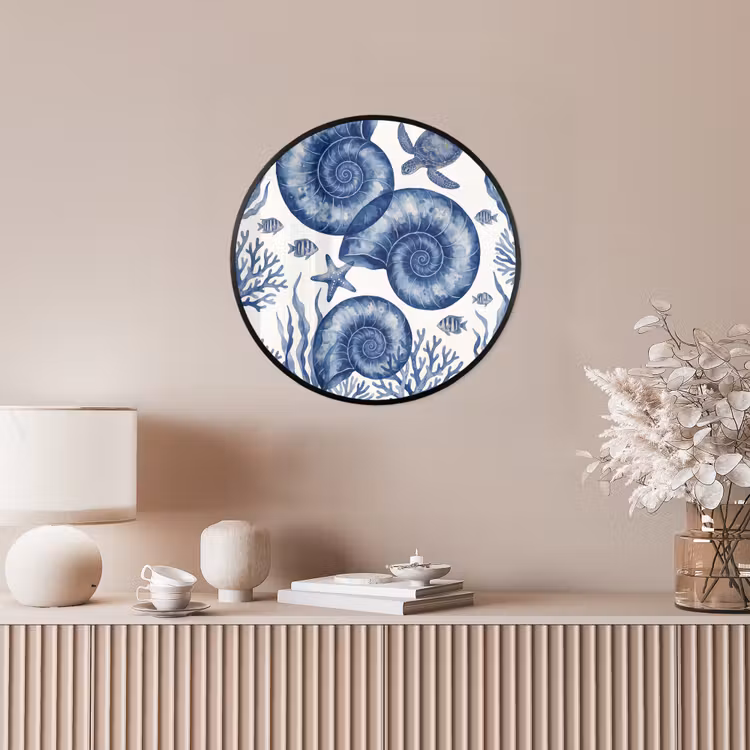 Schelp - Spiraal - Zeeleven - Aquarel - Blauw Fotolijst rond zonder passe partout klein -sfeer3