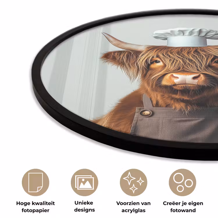 Schotse Hooglander - Bruin - Hoorns - Kokskleding Fotolijst rond zonder passe partout klein -closeup_NL