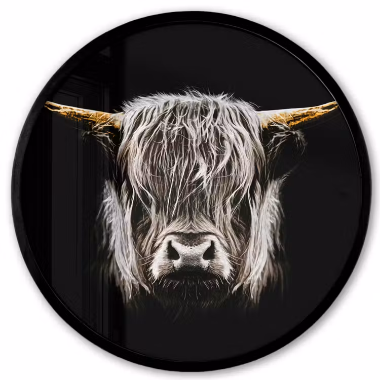 Schotse hooglander - Goud - Hoorns - Zwart wit - Koe - Dieren Fotolijst rond zonder passe partout klein -3d