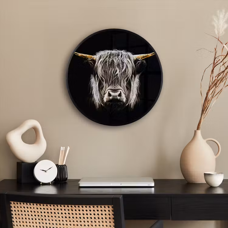 Schotse hooglander - Goud - Hoorns - Zwart wit - Koe - Dieren Fotolijst rond zonder passe partout klein -sfeer1
