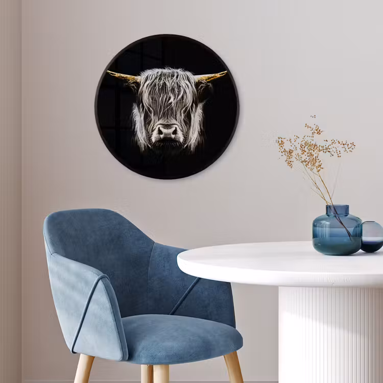 Schotse hooglander - Goud - Hoorns - Zwart wit - Koe - Dieren Fotolijst rond zonder passe partout klein -sfeer2