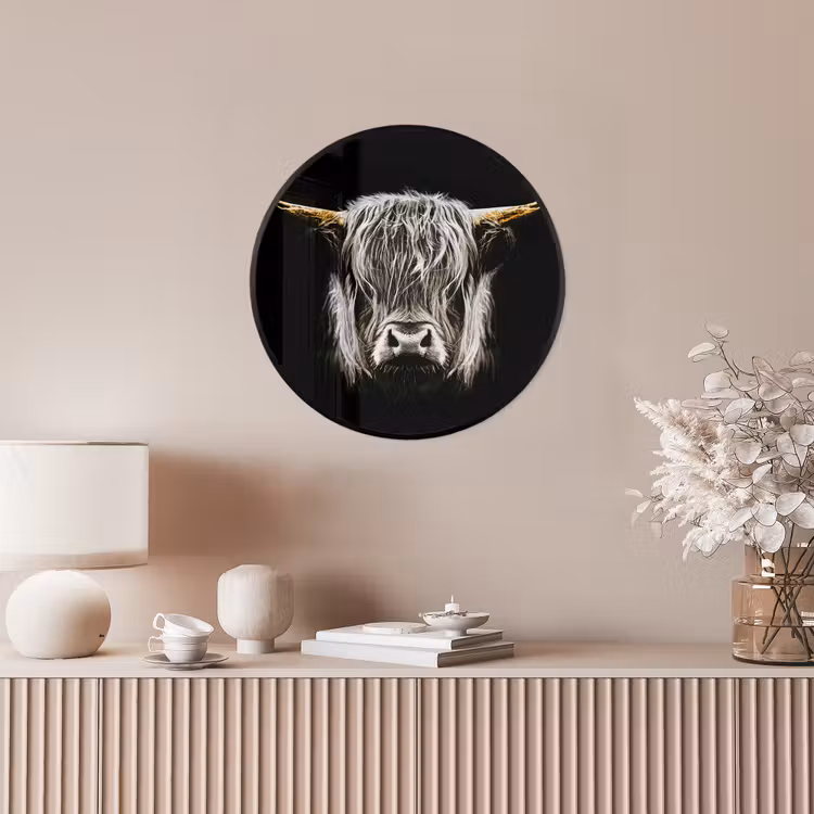 Schotse hooglander - Goud - Hoorns - Zwart wit - Koe - Dieren Fotolijst rond zonder passe partout klein -sfeer3