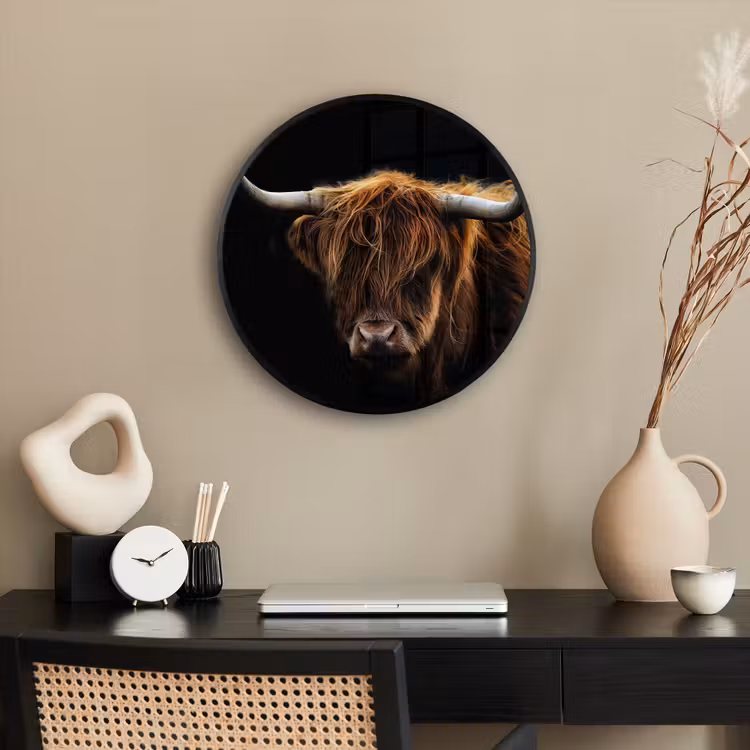 Schotse Hooglander - Horens - Zwart - Dieren - Natuur - Wild - Koe Fotolijst rond zonder passe partout klein -sfeer1