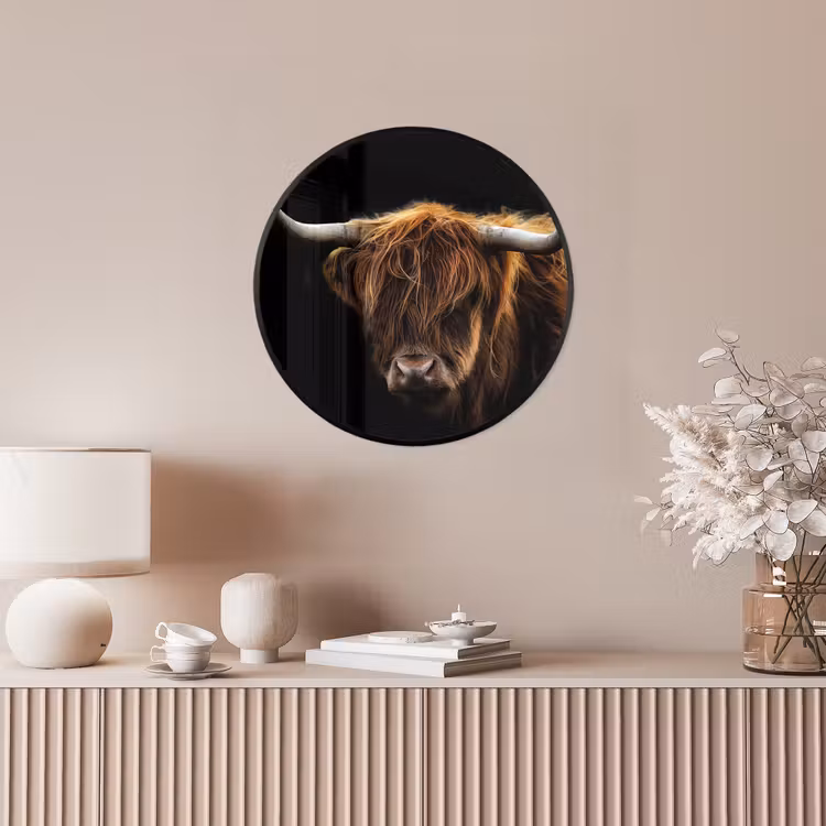 Schotse Hooglander - Horens - Zwart - Dieren - Natuur - Wild - Koe Fotolijst rond zonder passe partout klein -sfeer3