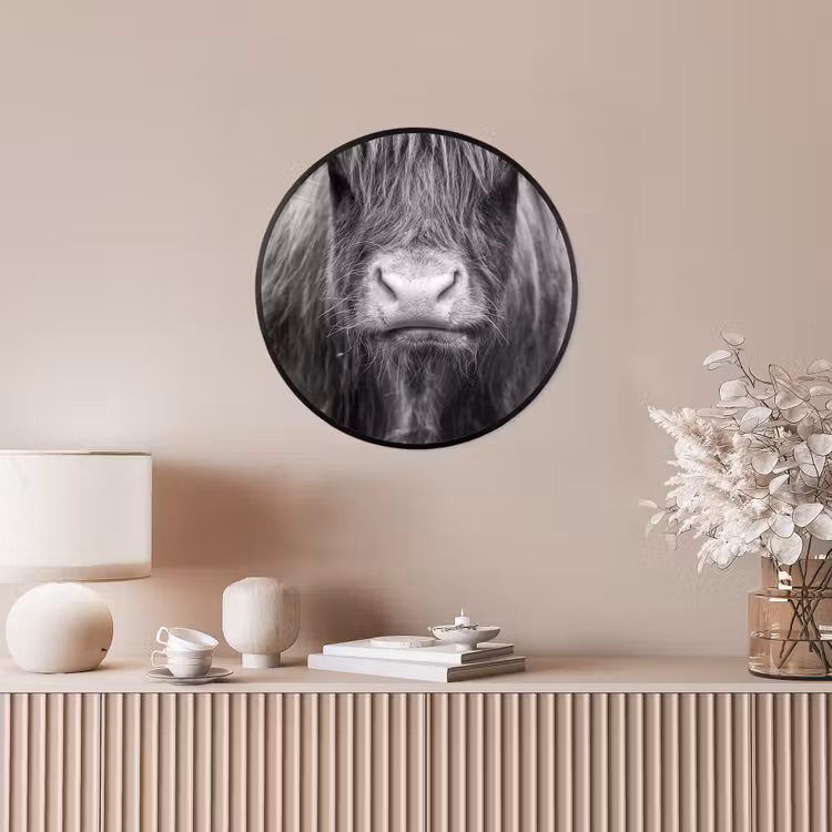 Schotse hooglander - Koe - Zwart - Wit - Dieren Fotolijst rond zonder passe partout klein -sfeer3