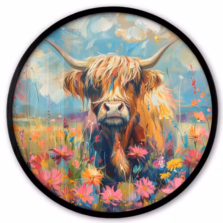 Schotse hooglander - Natuur - Kleurrijk - Bloemen Fotolijst rond zonder passe partout klein -3d