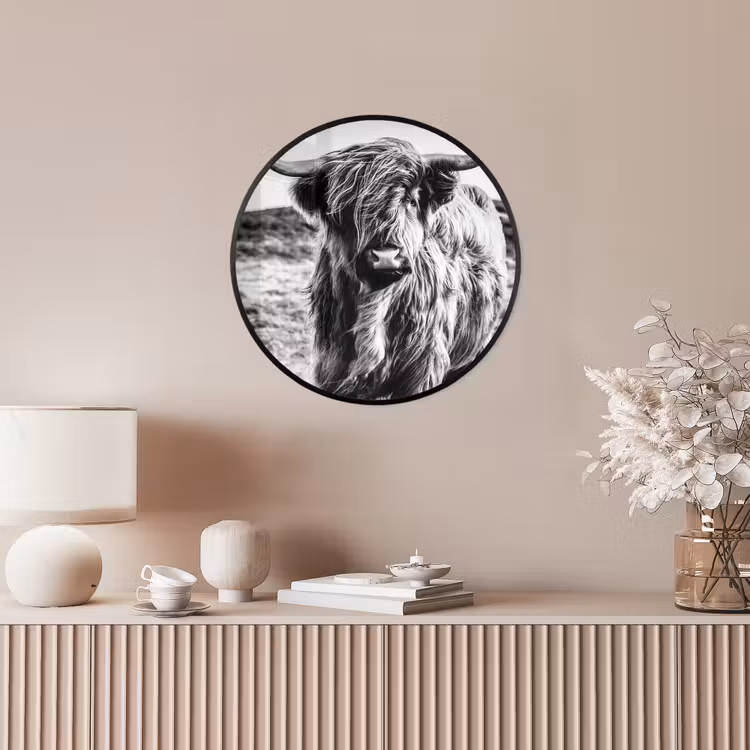 Schotse hooglander - Natuur - Koe - Zwart - Wit Fotolijst rond zonder passe partout klein -sfeer3