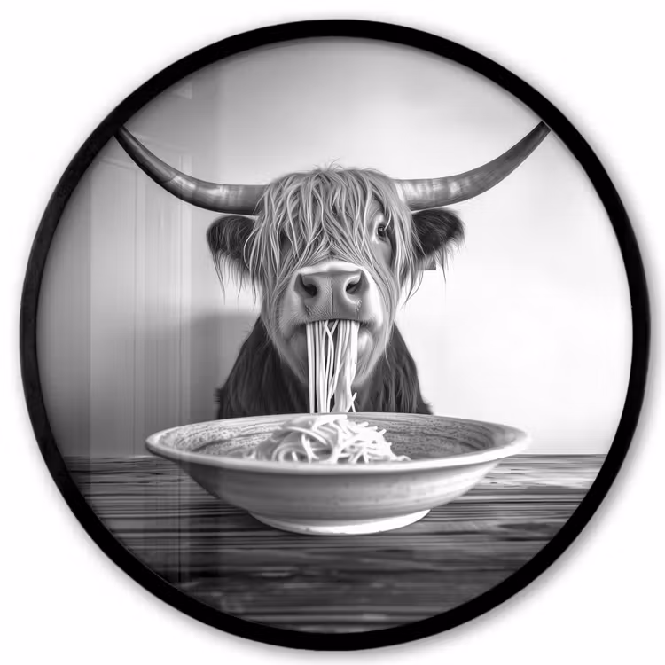 Schotse Hooglander - Spaghetti - Dieren - Zwart wit Fotolijst rond zonder passe partout klein -3d