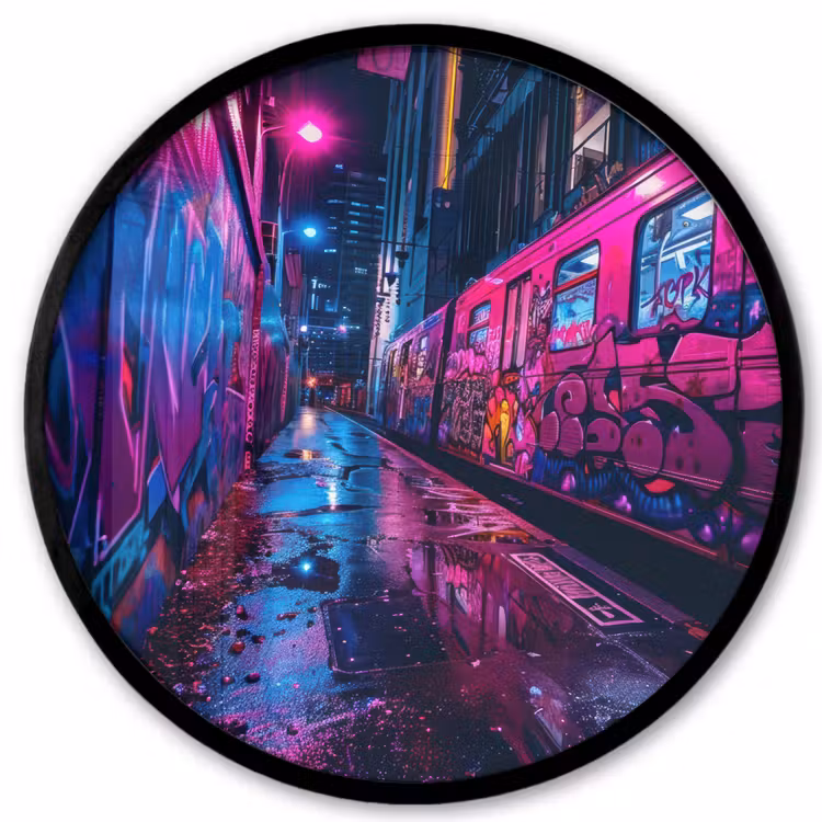 Stad - Neon - Nacht - Roze - Graffiti Fotolijst rond zonder passe partout klein -3d