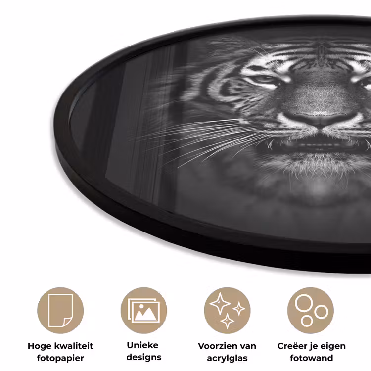 Tijger - Dieren - Zwart - Wit - Portret - Wild Fotolijst rond zonder passe partout klein -closeup_NL