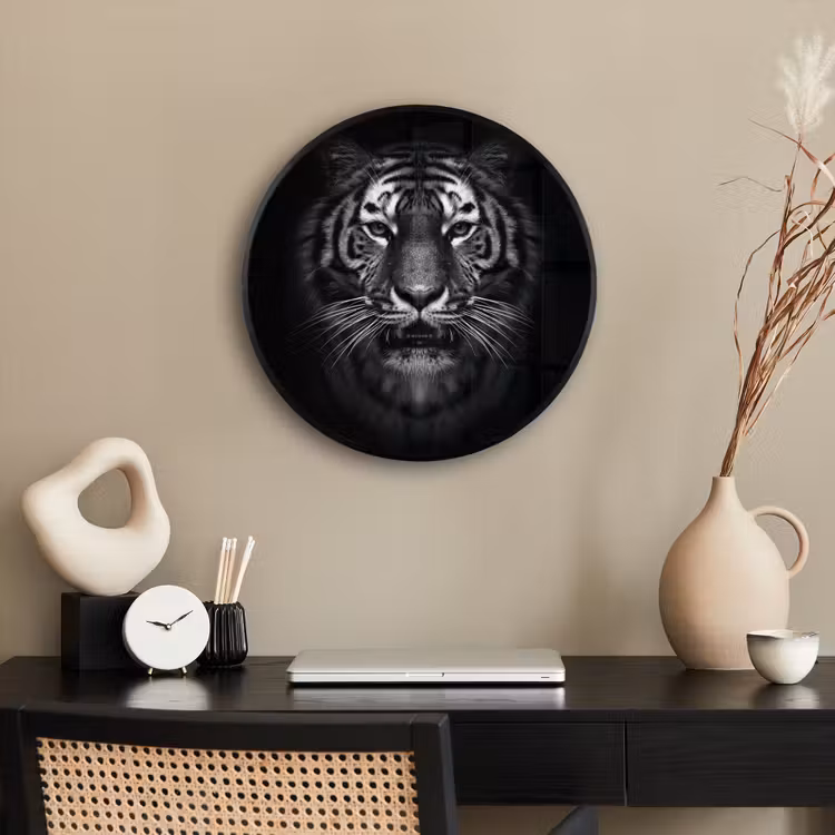 Tijger - Dieren - Zwart - Wit - Portret - Wild Fotolijst rond zonder passe partout klein -sfeer1
